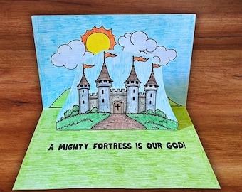 Martin Luther A Mighty Fortress Reformation Sunday School Activity, 3D Castle Coloring Craft Printable, Homeschool Church History Lesson
