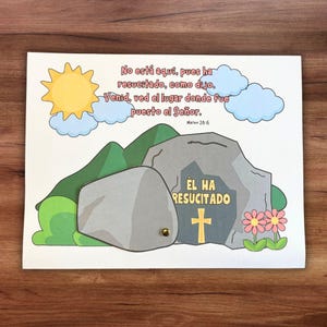 Spaans christelijk Paaszondagsschool Bijbelkleuring Craft, He is Risen Lege graf opstanding activiteit, religieus onderwijs afdrukbaar
