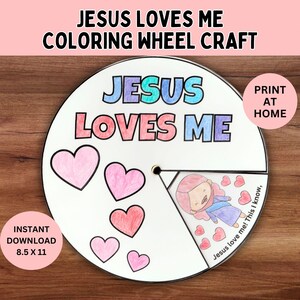 Ruota da colorare "Gesù mi ama", attività biblica stampabile per San Valentino, lezione biblica per la scuola domenicale, lavoretto sull'amore di Gesù per la scuola cristiana in casa immagine 2