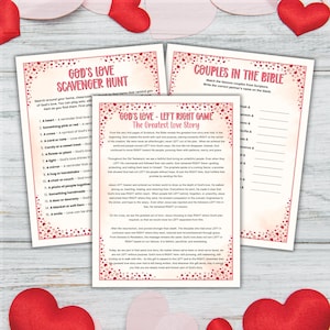 May include: Three printed sheets with text about God's love, including a scavenger hunt and a game. The sheets are decorated with pink hearts and are likely for a religious or inspirational theme. Red heart decorations are in the background.