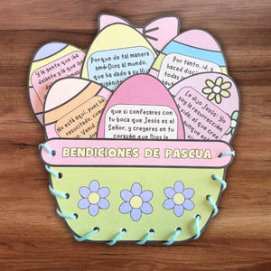 May include: A colorful Easter basket craft with six pastel-colored eggs, each with a different Bible verse about the resurrection of Jesus. The basket is decorated with flowers and a blue ribbon.