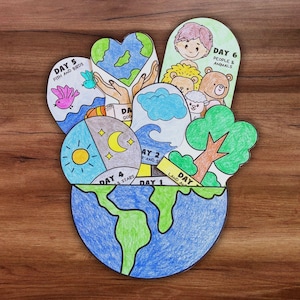 Desenho para colorir da história bíblica dos dias da Criação para crianças, atividade cristã para escola dominical e ensino domiciliar, lição de Gênesis sobre o princípio.