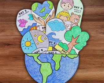 La storia biblica dei giorni della creazione da colorare per bambini, attività stampabile per la scuola domenicale cristiana, lezione sulla Genesi all'inizio