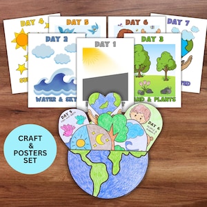 Könnte beinhalten: Ein Bastel- und Poster-Set mit farbenfrohen Illustrationen der Erde und ihrer Elemente. Das Set enthält Karten mit Tagen und Themen wie Wasser, Himmel, Land, Pflanzen und Tiere. Das Design ist kinderfreundlich mit hellen Farben.