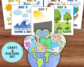 Tage der Schöpfung Bibelgeschichte Färbung Craft & Poster Set, Sonntagsschule Christian Schulaktivität druckbar, in der Anfangsstunde Genesis