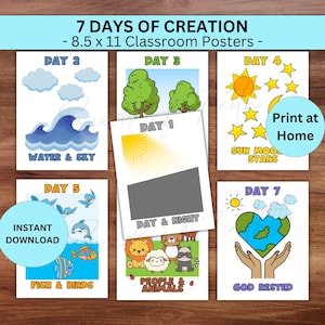 Poster con storie bibliche sui 7 giorni della creazione, poster stampabile per bacheca per la scuola domenicale cristiana, poster nella lezione iniziale sulla Genesi