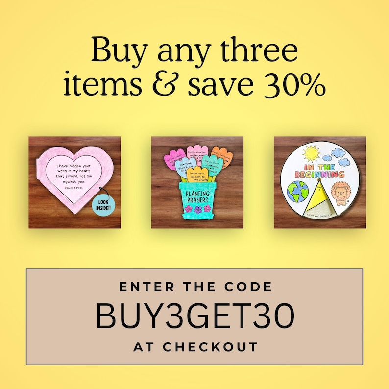 May include: An image with three decorative items on a wooden background. The items include a heart-shaped card, a flower pot with prayer cards, and a circular design with a lion. Text includes "Buy any three items & save 30%" and "BUY3GET30 at checkout."