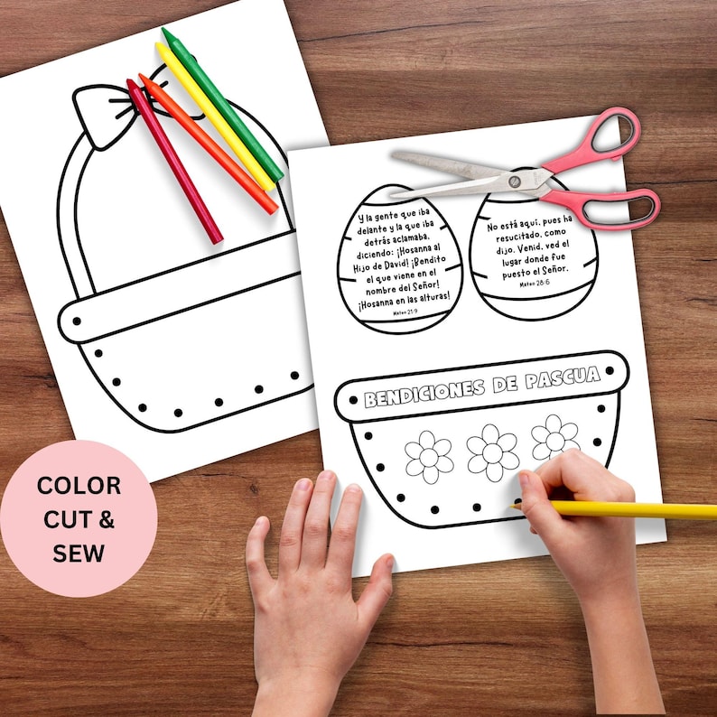 May include: A printable Easter craft activity with instructions to color, cut, and sew. The craft includes a basket, two eggs with Bible verses, and a bowl with flowers. The text on the eggs reads "Y la gente que iba delante y la que iba detr&aacute;s aclamaba. diciendo: &iexcl;Hosanna al Hijo de David! Bendito el que viene en el nombre del Se&ntilde;or! Hosanna en las alturas!" and "No est&aacute; aqui, pues ha resucitado, como dijo. Venid, ved el lugar donde fue puesto el Se&ntilde;or."