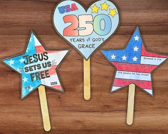 USA 250th Bible Coloring Fan Craft, 4th of July Freedom In Jesus Activity,  Sunday School VBS Parade Waver Set, Patriotic Christian Craft