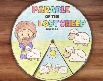The Lost Sheep Parable Bible Lesson Coloring Wheel Craft, Sunday School Homeschool Luke 15 Activity Coloring Printable Childrens Church VBS