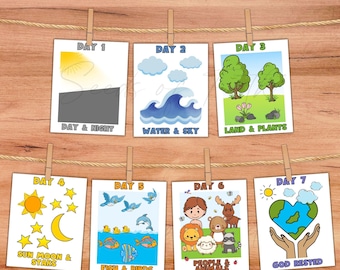 Days Of Creation Bible Story Flashcards, Sunday School Christian Homeschool Bulletin Board Printable Cards, In The Beginning Genesis Lesson