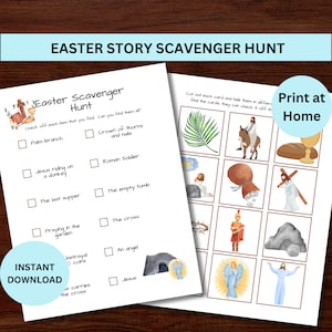 May include: A printable Easter scavenger hunt game with a checklist of 10 Easter story events and 12 corresponding images to find. The images include a palm branch, crown of thorns, Roman soldier, Jesus riding a donkey, the last supper, the empty tomb, praying in the garden, the cross, betrayal coins, an angel, Jesus, and a person carrying the cross.