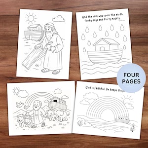 Könnte beinhalten: Ein Set aus vier Ausmalbildern mit Strichzeichnungen, die Szenen aus der Geschichte der Arche Noah darstellen. Die Bilder zeigen Noah beim Bau der Arche, die Flut, Tiere und einen Regenbogen. Der Text lautet: "Und der Regen fiel auf die Erde vierzig Tage und vierzig Nächte."