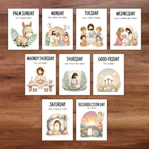 Peut inclure: Un ensemble de neuf cartes de style aquarelle représentant des scènes de la Semaine Sainte. Chaque carte présente un titre tel que « Dimanche des Rameaux » ou « Vendredi saint » avec des illustrations. Les cartes sont disposées sur une surface en bois.