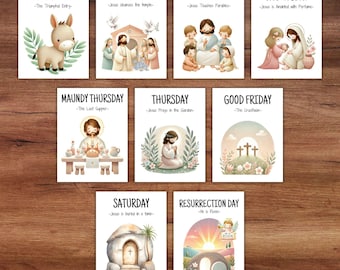 May include: Nine watercolour cards illustrating the Easter story, each with a title like "Palm Sunday" or "Good Friday" and corresponding imagery. The cards are displayed on a wooden surface, offering a visual narrative of the events.