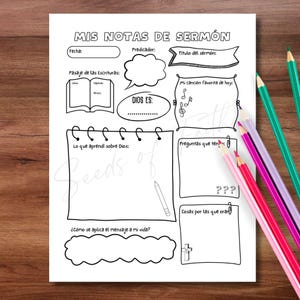 May include: A printable worksheet in Spanish for taking notes during a sermon. The worksheet includes sections for the date, preacher, sermon title, scripture passage, favorite song, what you learned about God, questions you have, how the message applies to your life, and things to pray for.