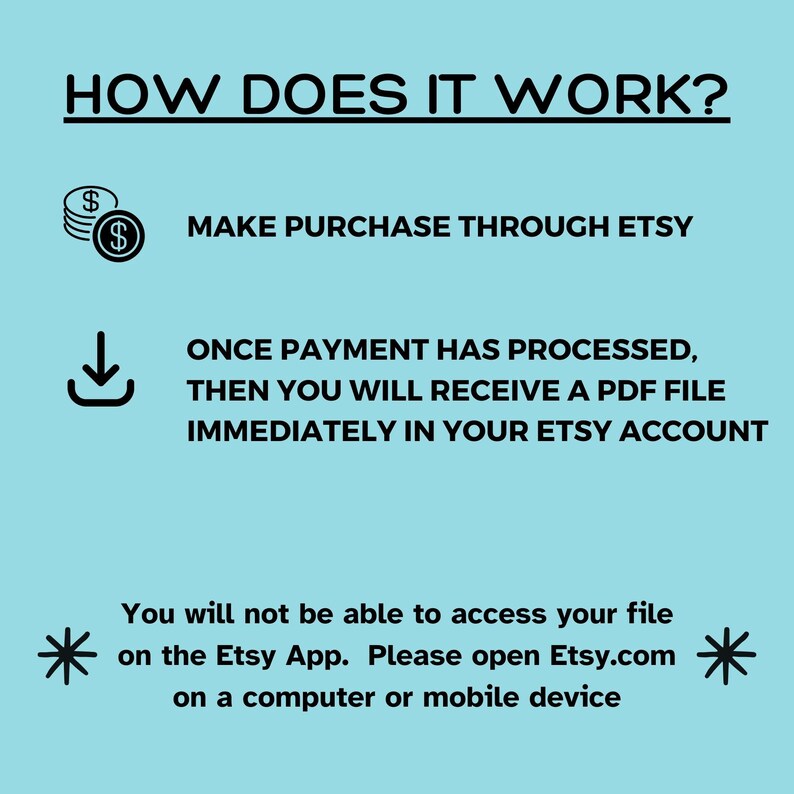 Op de afbeelding: Een blauwe en witte afbeelding met de tekst "HOE WERKT HET?" en instructies over hoe je een digitaal bestand kunt kopen en downloaden van Etsy. De afbeelding bevat pictogrammen van een dollarteken, een downloadpijl en een ster.