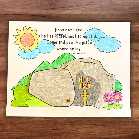 Christian Easter Sunday School Bible Coloring Craft, He is Risen Empty Tomb Activity, Easter Sunday Religious Education Homeschool Printable