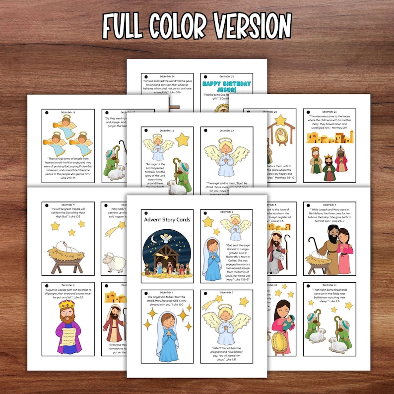 Tarjetas de historias de Adviento, actividad con versículos bíblicos, calendario de Adviento de la Natividad de Navidad imprimible, escuela dominical para educación en el hogar, actividad para colorear del nacimiento de Jesús imagen 4