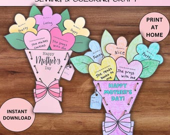 Mother&#39;s Day Flower Bouquet Coloring Sewing Craft For Kids, I Love My Mom Lace-up Activity Keepsake Gift, Sunday School Homeschool Printable