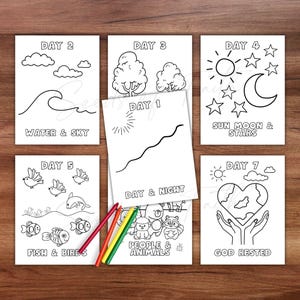 7 Days Of Creation Bijbelverhaal kleurplaat posterpagina's voor kinderen Zondagsschool Homeschool-activiteit Afdrukbaar in het begin Genesis-les
