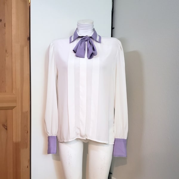 Vintage 70s 80s White Button Up Sporty Spice Collar Long Sleeve Blouse - 1970s 1980s Medium Large Size 8 10 Tie Neck Light Academia Shirt