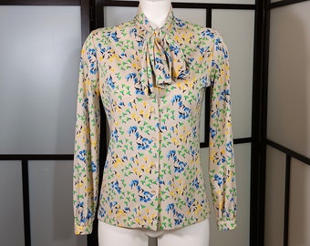 Vintage 70s Mid Century Mod Cottagecore Geometric Flower Pattern Tie Neck Top - 1970s Small Medium Beige Sears Soft Girl Blouse Shirt