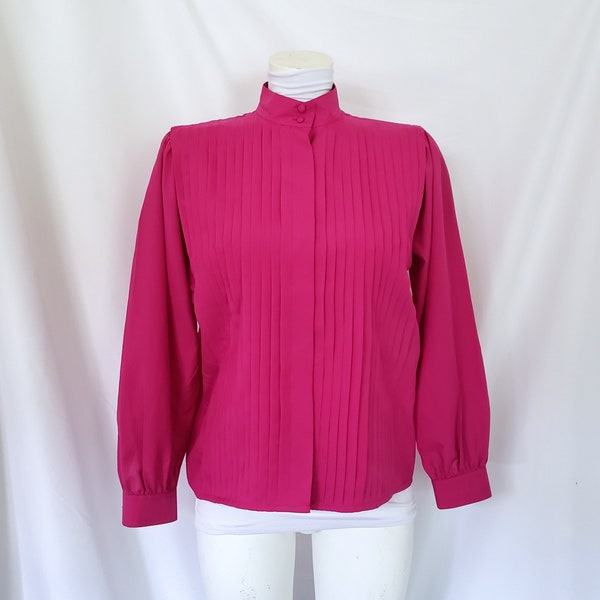 Vintage 80s 90s Pink Button Up Vibrant Pleated Laura and Jayne Petites Blouse - 1980s 1990s Medium 6 8 Bright High Collar Long Sleeve Top