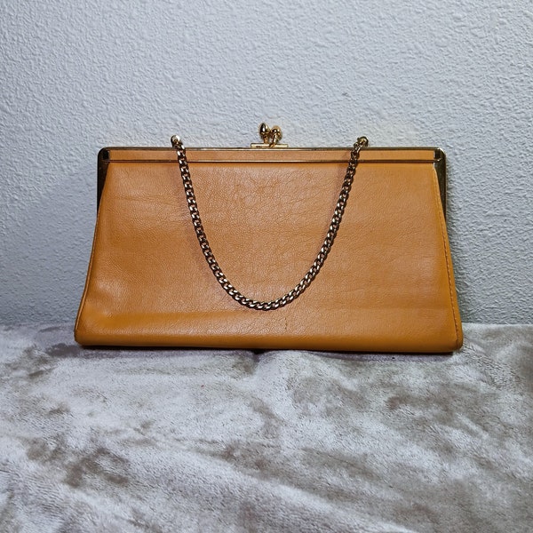 Vintage 60s Mid Century Mod Beige Leather Art Deco Convertible Handbag Clutch - 1960s 70s Metal Chain Minimalist Tan Purse