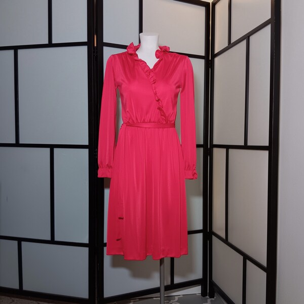 Vintage 70s Sears Red Rockabilly Ruffle V Neck Fit & Flare Belted Shirt Dress - 1970s Small XS Long Sleeve Pink Midi  Disco Mod Shirtdress