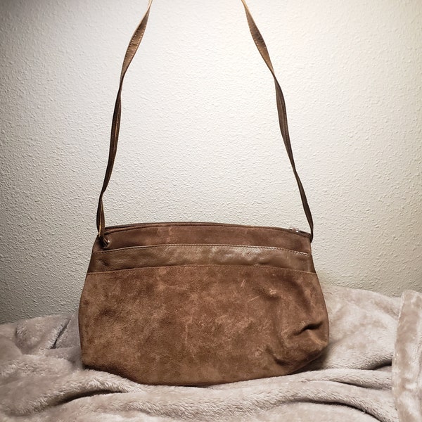Vintage 70s Nordstrom Boho Brown Italian Leather & Suede Crossbody Purse - 1970s Bohemian Purse Like New with Pockets