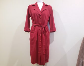 Vintage 90s Y2K Red Pinup Belted Duster Jacket - 1990s 00s Medium Large 10 12 Button Up Rockabilly Spiegel Comfy Sweater Dress