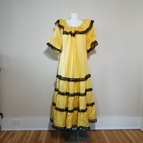 Vintage Plus Size Yellow Flamenco Victorian Revival Summer Trapeze Maxi Dress - Large XL 1X Retro 70s Black Ruffle Costume Festival Party