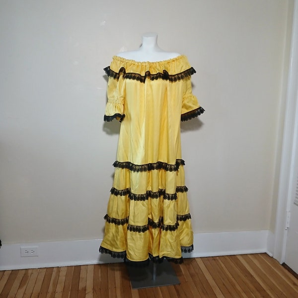 Vintage Plus Size Yellow Flamenco Victorian Revival Summer Trapeze Maxi Dress - Large XL 1X Retro 70s Black Ruffle Costume Festival Party