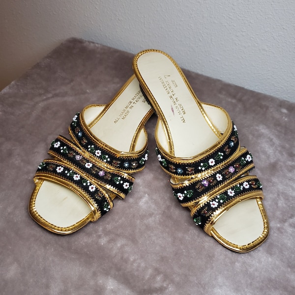 Vintage 70s Art Deco Size 7 Black Velvet Beaded Gold Wooden Wedge Sandals NWOT - 1970s 60s Mid Century Mod Flower Bead Kitten Heel Slides