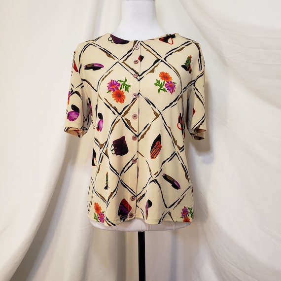 Vintage 90s Y2K Beige Funky Pattern Stretchy Top … - image 1