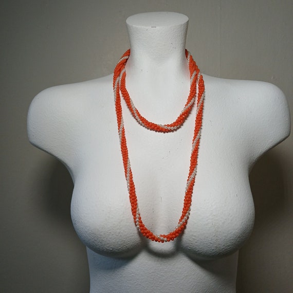 Vintage 70s 80s Orange Mid Century Mod Beaded Lon… - image 1