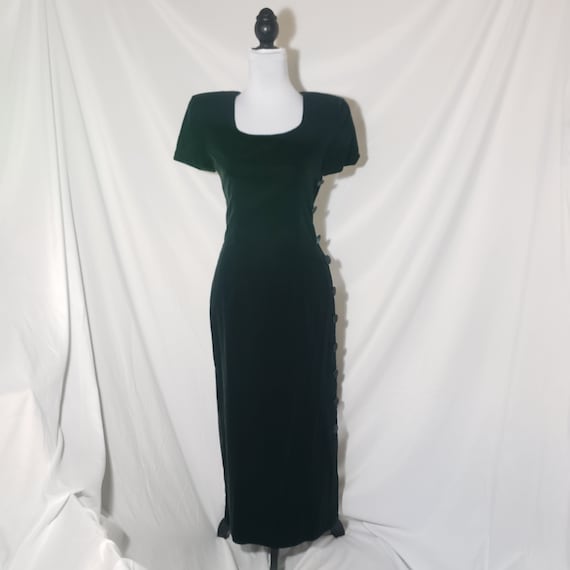 Vintage 90s Black Emerald Green Velvet Sheath Max… - image 4
