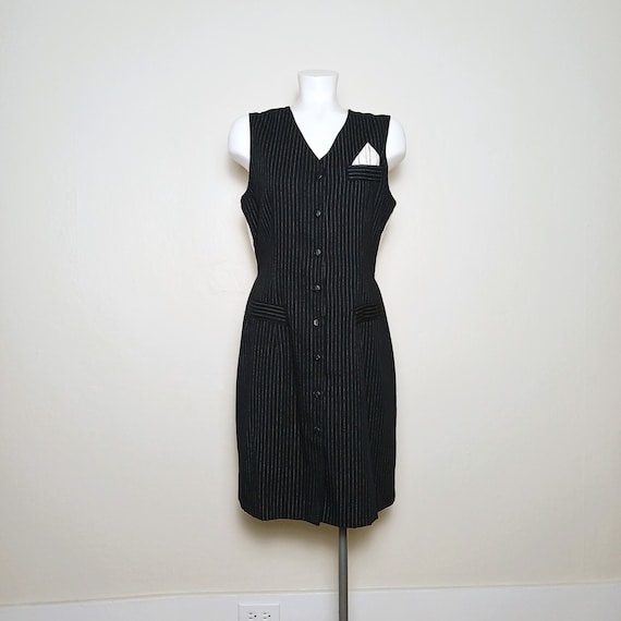 Vintage 90s Pinstripe Menswear Dark Academia Blac… - image 1