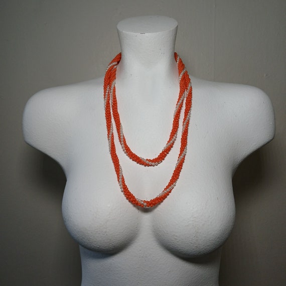 Vintage 70s 80s Orange Mid Century Mod Beaded Lon… - image 3