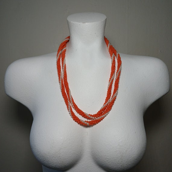 Vintage 70s 80s Orange Mid Century Mod Beaded Lon… - image 4