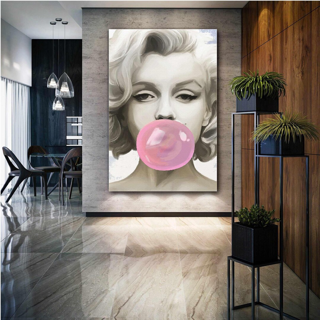 Marilyn Monroe Wall Art, Pink Gum Blown Canvas Art, Living Room Wall Decor, Roll up Canvas
