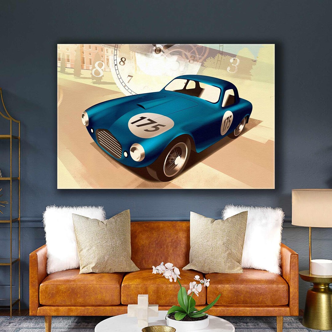 Blue Classic Car Wall Art, Old Race Car Canvas Art, Living Room Wall