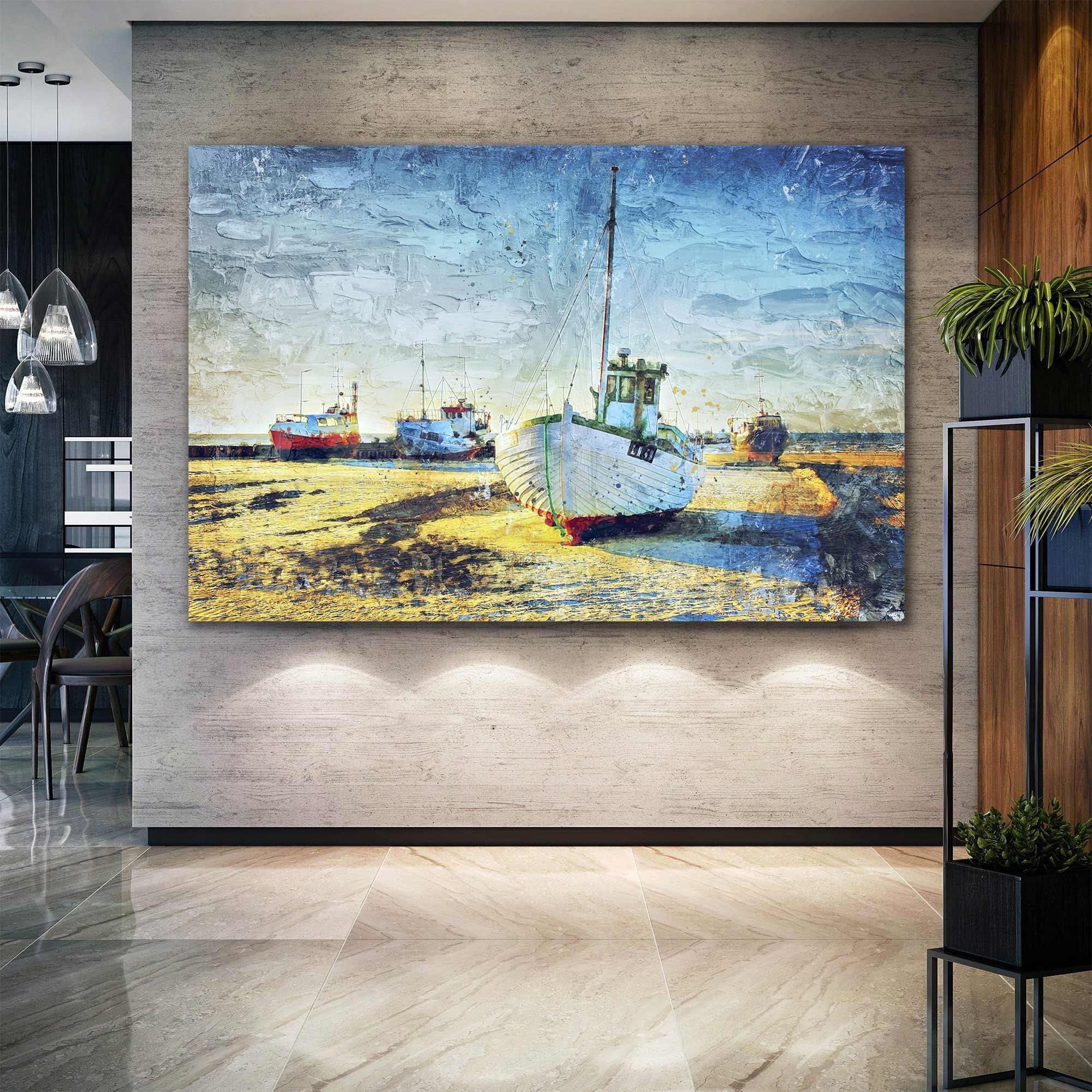 Tableau Mural Côtier Personnalisable - Art De Plage, Bateau En Bois, Toile Bleue - Neuf