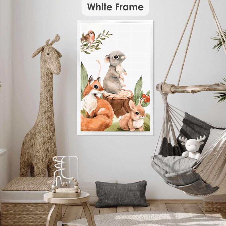 3 Toiles Encadrées Animaux Forêt 30x40 Cm - Décoration Murale Enfant Cerf Renard Aventure