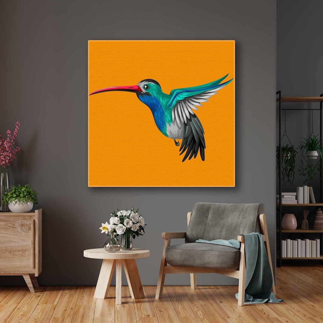 Blue Tropical Bird With Red Bill Wall Art, Orange Background Wall Decor