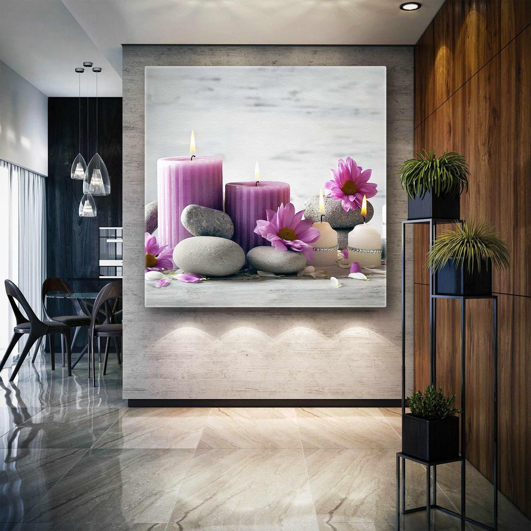 Candles With Zen Stones Wall Art, Purple Flowers, Spa Center Wall Decor ...