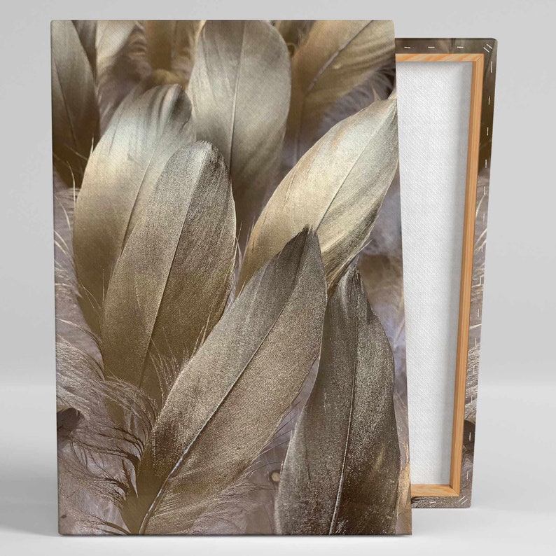 Toile Murale Abstraite Plumes Grises Dorées 70x140 Cm - Peinture Contemporaine Pour Salon, Chambre, Décoration Moderne