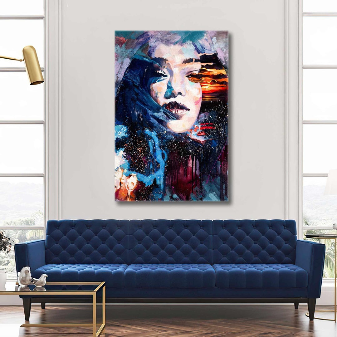 Sunset Wall Art, Woman Canvas Art, Colorful Wall Art, Surrealist Wall Decor, Roll up Canvas