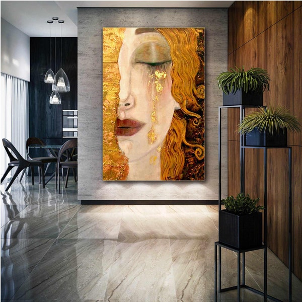 Gustav Klimt Die weinende Frau Goldene Tränen Gold Meisterwerk Roll Up Canvas, Gestreckte Leinwand Kunst, gerahmte Wandkunst Gemälde